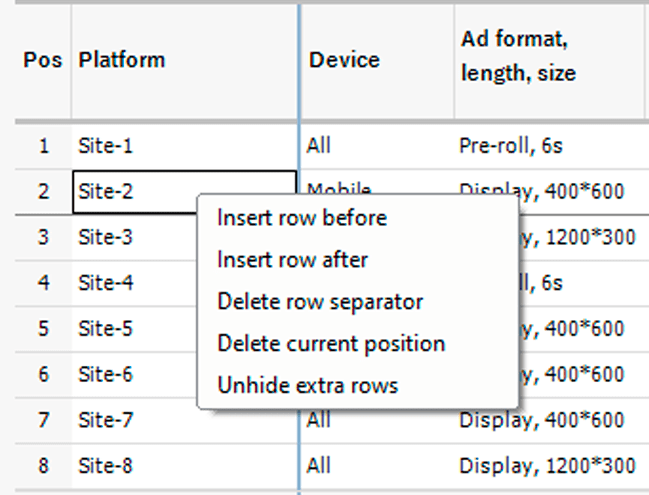 Insertion and deletion rows in media plan.