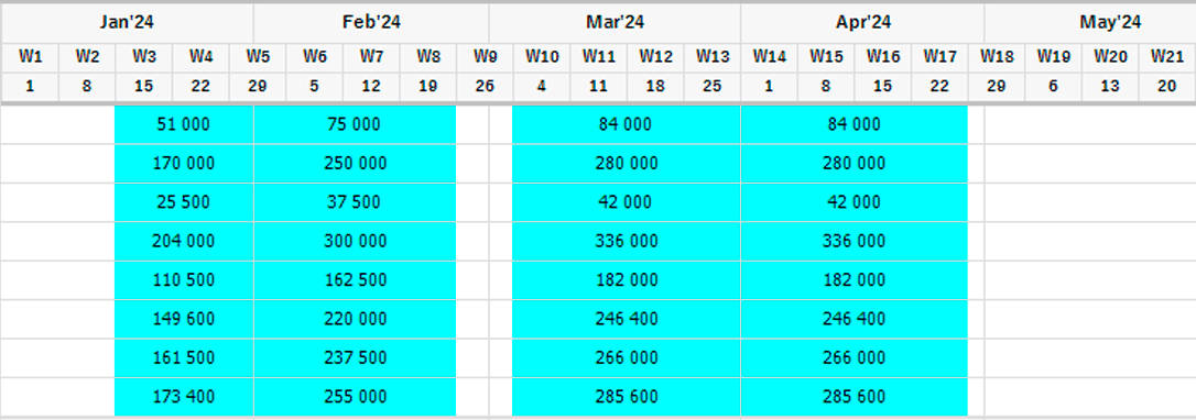 Monthly distribution of KPIs in the media plan.