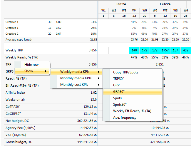 Showing TV media plan KPIs via context menu.