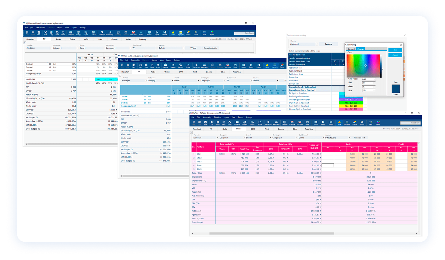 Selection of existing or creation of own color theme for media plans